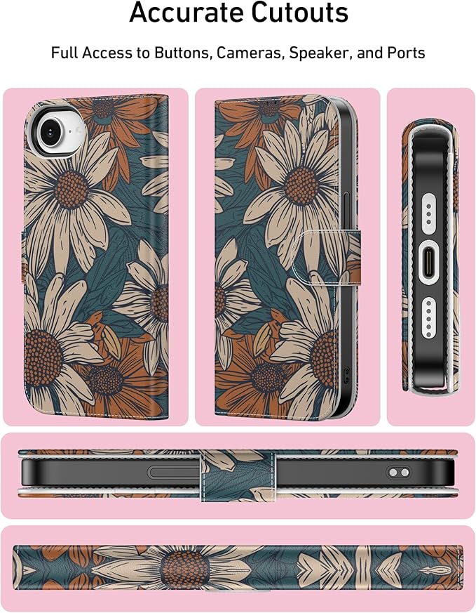 DEENAKIN for iPhone 16e Wallet Case with Card Holder + Cash Clip, RFID-Blocking, Military-Grade Drop Protection, Magnetic Closure with Leather Kickstand - Floral Daisy Pattern