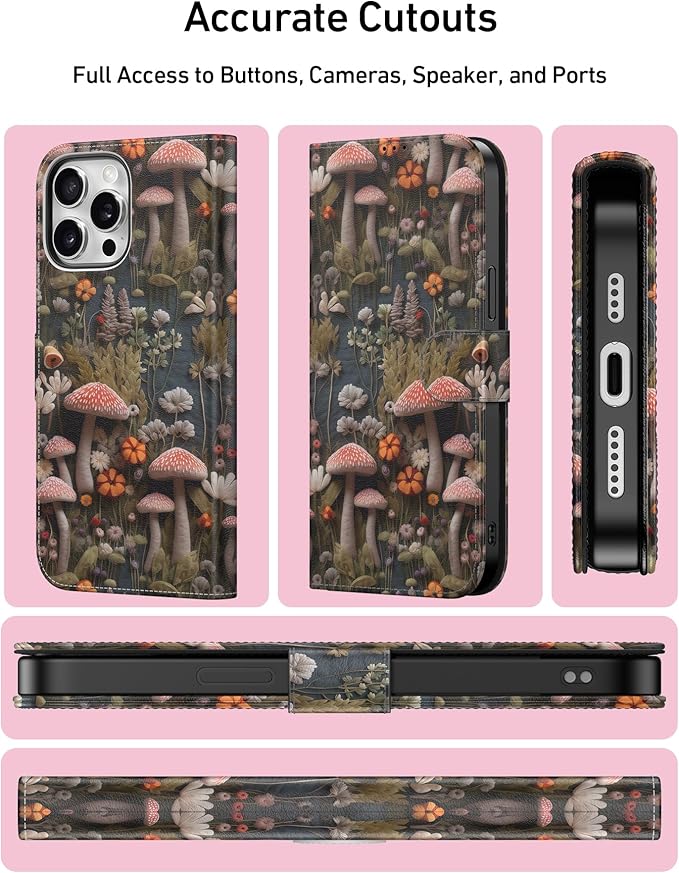 DEENAKIN for iPhone 15 Pro Max Wallet Case with Card Holder + Cash Clip, RFID-Blocking, Military-Grade Drop Protection, Magnetic Closure with Leather Kickstand - Mushroom Floral