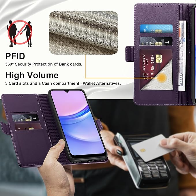 Wallet Flip Case for Samsung Galaxy A15 5G - [RFID Blocking] Luxury PU Leather Card Holder Magnetic Phone Cover with Kickstand,Shockproof Protective Case,Purple