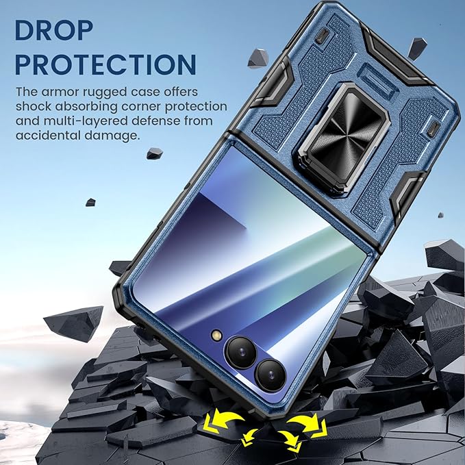 VEGO for Samsung Flip 7 Case with Belt Clip Holster, Hinge Protection Case with 360° Ring Kickstand & Camera Screen Protector Heavy Duty Protective Armor Cover for Galaxy Z Flip 7 - Blue