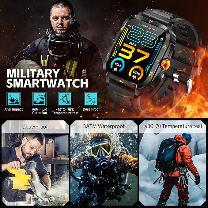 Military Smart Watches for Men (Make/Answer Call) 1.96" Screen Outdoor Activity Tracker with 100+ Sport Modes Health Monitor 3ATM Waterproof Smartwatch