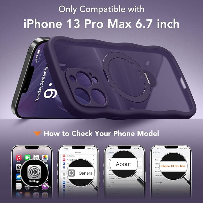 for iPhone 13 Pro Max Case for Women,[Compatible with Magsafe][360° Spin Magnetic Stand][Cute Wave Edge][Military-Grade Protection]Translucent Matte Phone Case for iPhone 13 ProMax, Dark Purple