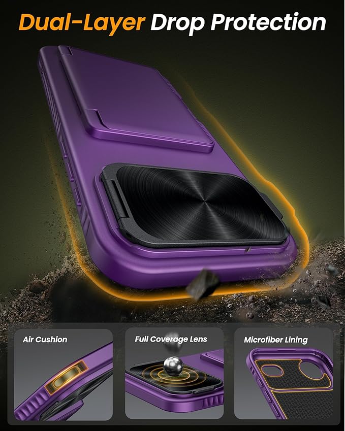 for iPhone Air Case, Built-in Card Holder & Stand & Lens Cover, Military Grade Drop Tested Soft Silicone Edge Rugged Kickstand Full Body Protective Wallet Phone Case for iPhone Air 2025, Purple