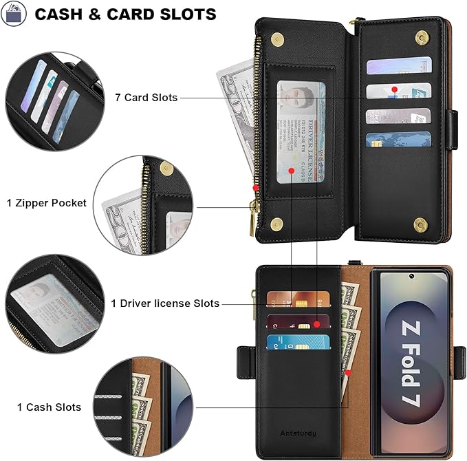 Antsturdy Compatible with Samsung Galaxy Z Fold7 Case Wallet with Card Holder,Z Fold 7 5G Phone Case with Strap Shockproof PU Leather RFID Blocking Flip Cover Credit Card Slots Women Men,Black