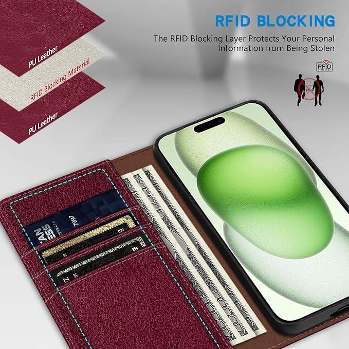 ZZXX for iPhone 15 Plus Wallet Case with [RFID Blocking] Card Slot Stand Strong Magnetic Leather Flip Fold Protective Phone Case for iPhone 15 Plus Case Wallet(Wine Red-6.7 inch)