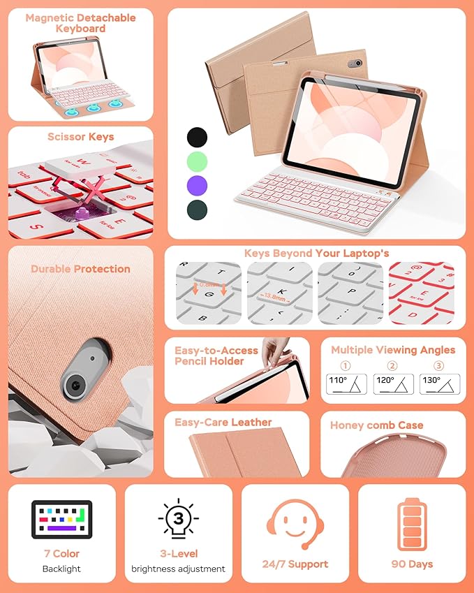 Folio Keyboard Case for iPad 10th Gen 10.9 inch (2022) and iPad 11th (A16, 2025), Magnetic Wireless Detachable Keyboard, 7-Color Backlight, Thin & Light, Pencil Holder (Pink)