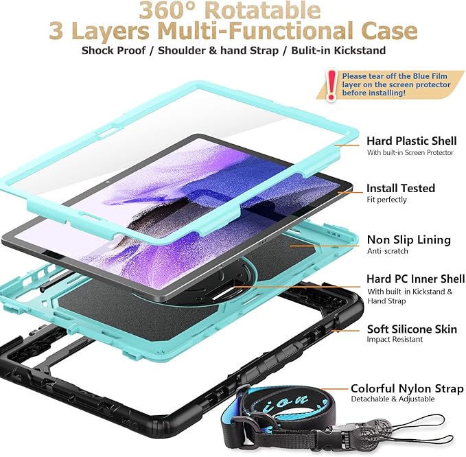 SEYMAC stock Case for Samsung Galaxy Tab S7 FE / S8 Plus 5G Case 12.4'' with Screen Protector Pencil Holder [360 Rotating Hand Strap] &Stand, Drop-Proof, SkyBlue/Black