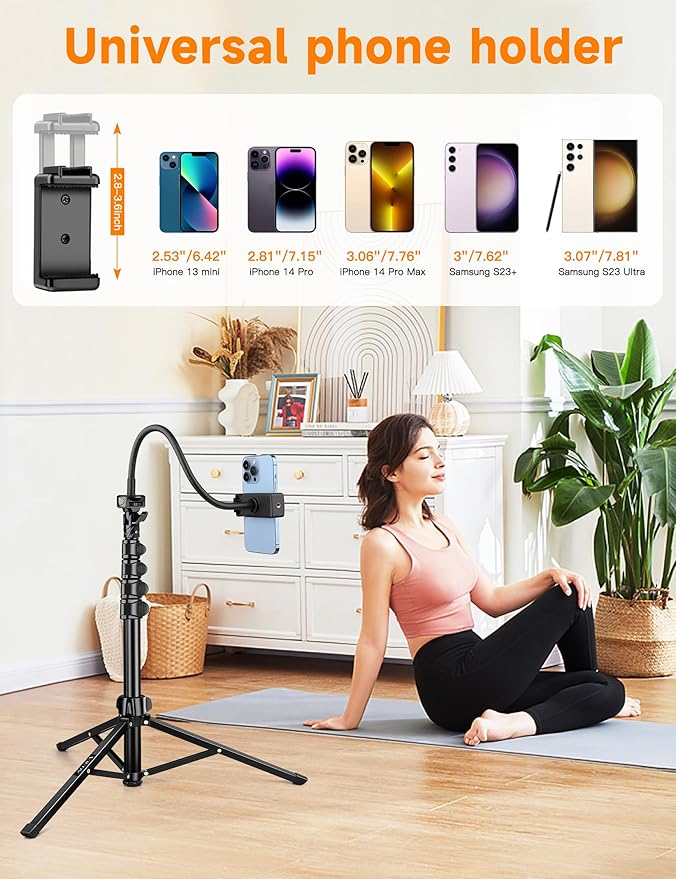 Phone Tripod Stand, 84" Tall Flexible Cellphone Tripod for iPhone with Gooseneck Remote, Portable Phone Stand for Recording, Compatible with iPhone 14 13 12 pro Android Camera
