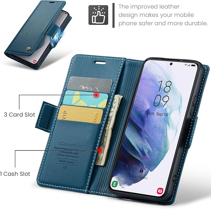 Case for Samsung Galaxy S21 Wallet Case, RFID Blocking PU Leather Flip Folio Cover Card Holder Kickstand Shockproof Phone Case Compatible with Samsung Galaxy S21, Blue