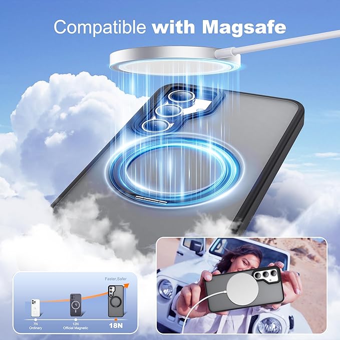 for Samsung Galaxy S24 FE Case with 360° Rotatable Magnetic Ring Stand Compatible with Mag-Safe Military Protection Shockproof Matte Translucent Phone Cases for S24 FE,Black