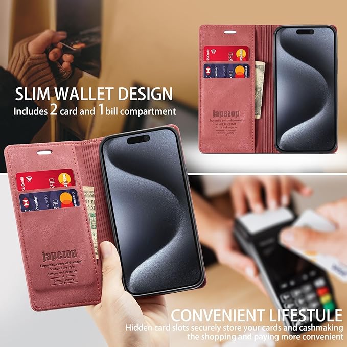 japezop iPhone 15 Pro 5G Wallet Case with [RFID Blocking],Card Holder Kickstand Magnetic,Leather Flip Case Wallet for iPhone 15 Pro 5G 6.1 Inch(Red)