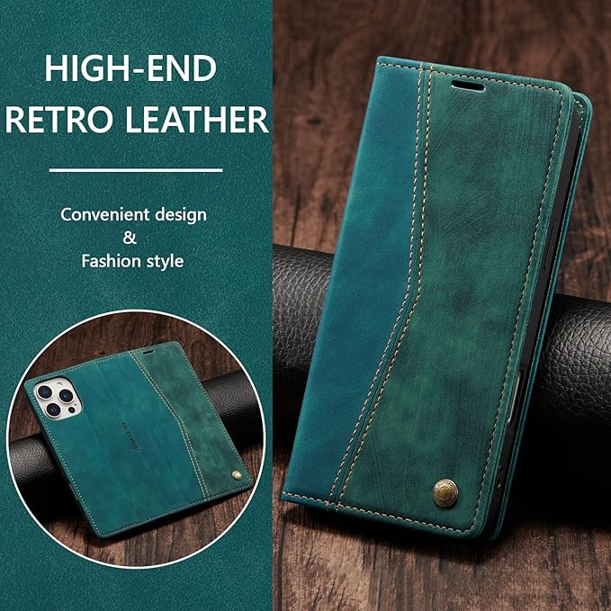QLTYPRI for iPhone 16 Pro Case Wallet with Card Holder, Vintage PU Leather Kickstand Magnetic Closure Shockproof Folio Book Cover Case for iPhone 16 Pro - Retro Green