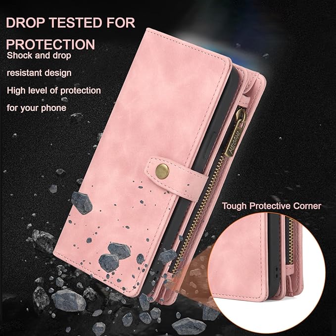 TwoHead Wallet Case Compatible with iPhone 15 Pro,Detachable Magnetic Phone Case,All-Round Protective Leather Phone Case with Card Holder,6.1",Pink