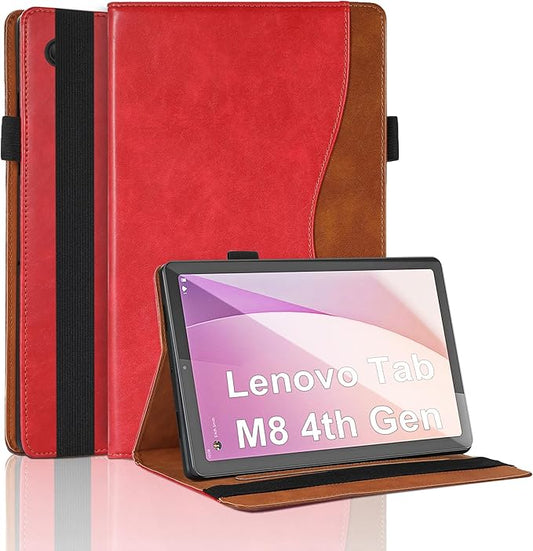 Cover for Lenovo Tab M8 4th Gen 8.0 inch (TB300FU/TB300FX) Business PU Leather Multi-Angle Stand Flip Case with Pencil Holder Card Slot for Lenovo Tab M8 4th Gen 2023-Red