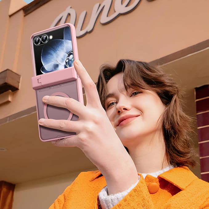 for Samsung Galaxy Z Flip 7 Case Fit for Magsafe [Hinge Protection＆ Kickstand][Built-in Screen Protector][Translucent Matte] 15FT Military Shockproof Full Body Phone Case for Z Flip 7,Pink