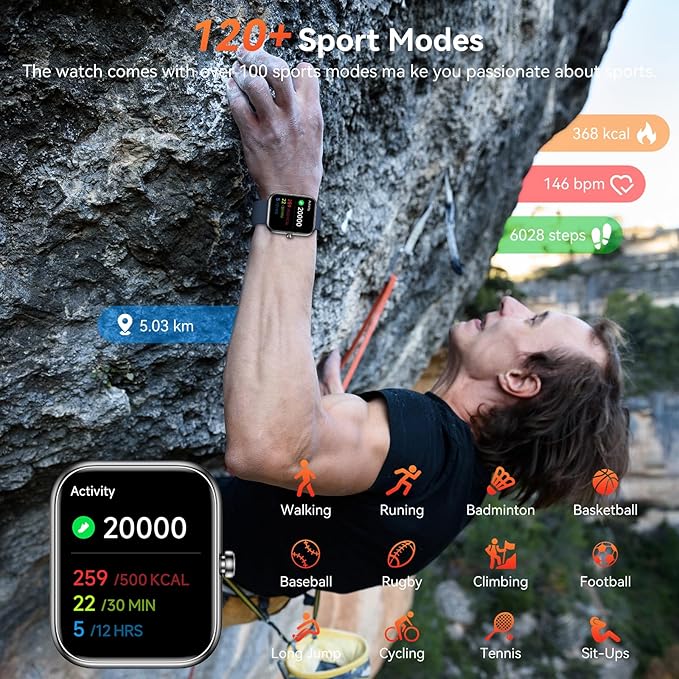 Smart Watch with Alexa Built-in, 1.83" HD Touchscreen Fitness Tracker, Bluetooth Notifications/Calls, IP68 Waterproof, 120+ Sport Modes, 24/7 Heart Rate & Sleep Monitor for iPhone Android iOS (Blue)