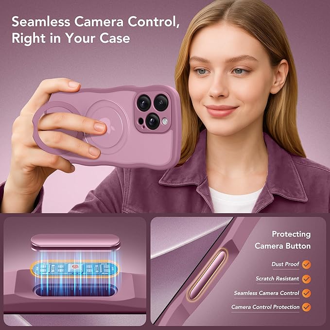 for iPhone 16 Pro Max Case for Women,[Compatible with Magsafe][360° Spin Magnetic Stand][Cute Wave Edge][Military-Grade Protection]Translucent Matte Phone Case for iPhone 16 ProMax, Blackcurrant