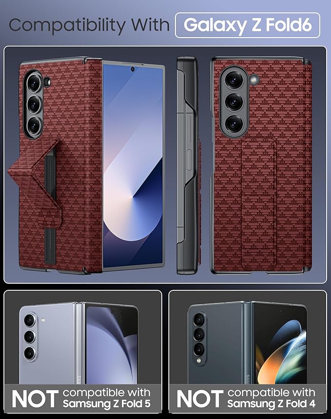 for Samsung Galaxy Z Fold 6 Case with Hand Strap & Kickstand & Hinge Protection, Ultra Slim Skin Feel Pattern Printing Full Body Shockproof Phone Case for Z Fold 6, No Screen Protector (Red)