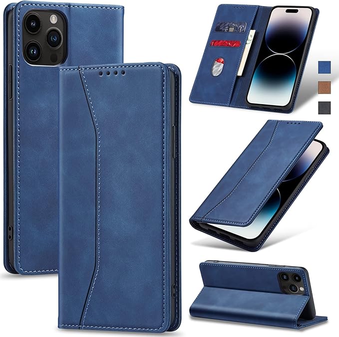 Jasonyu Flip Wallet Case for iPhone 14 Pro 5G,Leather Magnetic Folio Cover with Card Holder,Kickstand - TPU Shockproof Durable Protective Phone Case,Blue