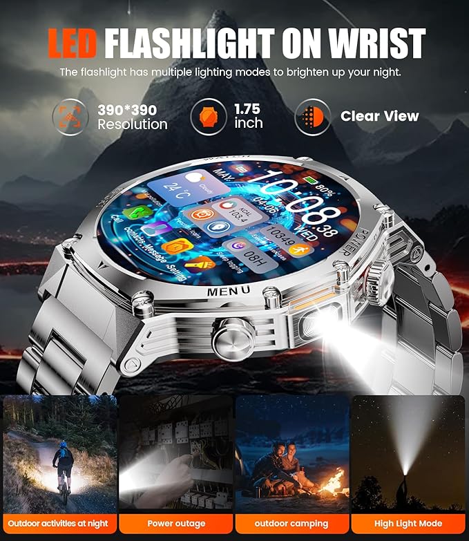 Smart Watch for Men,800mAh Large Battery/1.75" HD Smart Watches with LED Flashlight for Android/iOS (Bluetooth Call Answer/Calls) Fitness Tracker with Heart Rate/Sleep Tracking