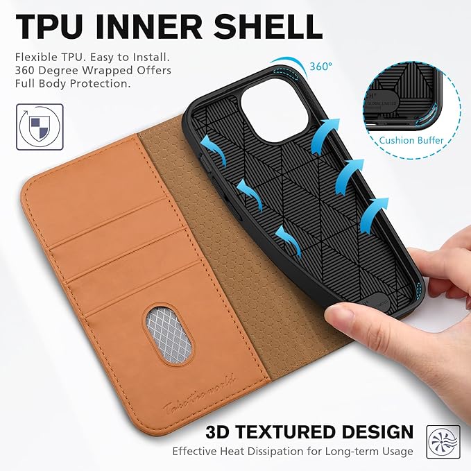 TUCCH Wallet Case for iPhone 15 5G, [RFID Blocking] 3 Credit Card Holder Case Wallet, Kickstand PU Leather Folio Flip Cover [TPU Interior Protective Case] Compatible with iPhone 15 6.1",Light Brown