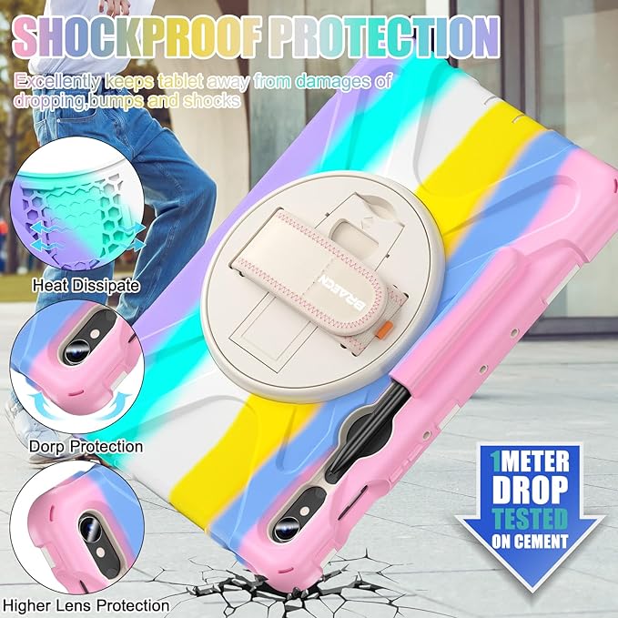 BRAECNstock Kids Case for Samsung Galaxy Tab S10 Lite/ S10 FE/ S9 FE/ S9/ S8/ S7 5G 10.9"/ 11", Shockproof Protective Case with Pen Holder, Rotating Hand Strap & Stand, Shoulder Strap, Colorful Pink