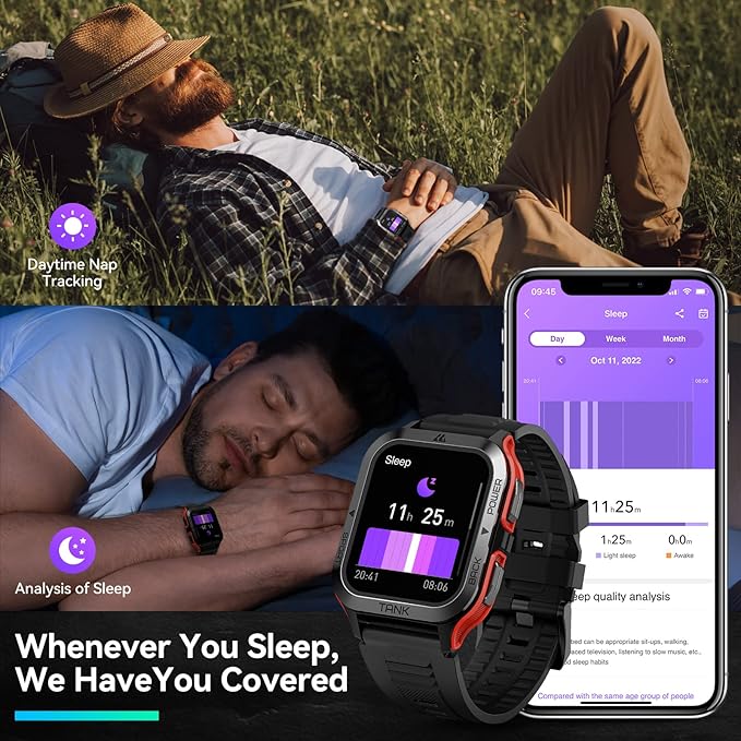 AMAZTIM Smart Watch, 60 Days Extra-Long Battery, 50M Waterproof, Rugged Military Bluetooth Call(Answer/Dial Calls), 1.85" Ultra Large HD Display, AI Voice Assistant, Compatible for Android and iOS-Red