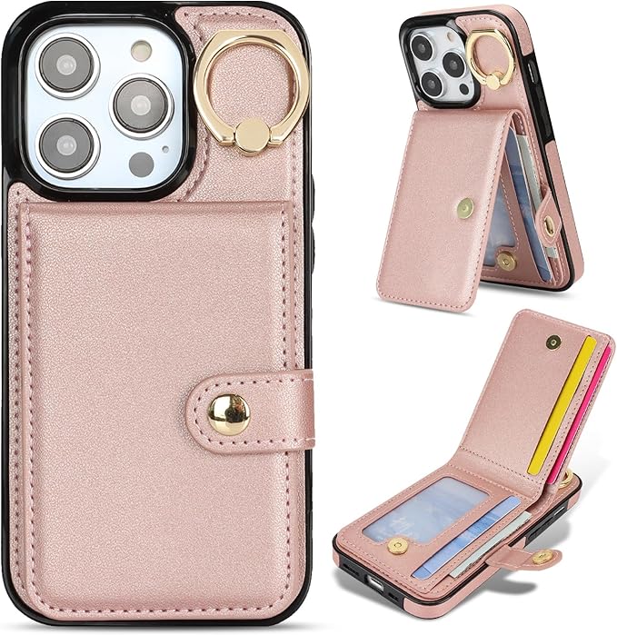 Compatible iPhone 16 Pro Wallet Case with Card Holder RFID Blocking PU Leather Doubles as a Wallet Unisex Flip Shockproof Protection with Card Slots Ring Wrist Kickstand Function,Rose Gold
