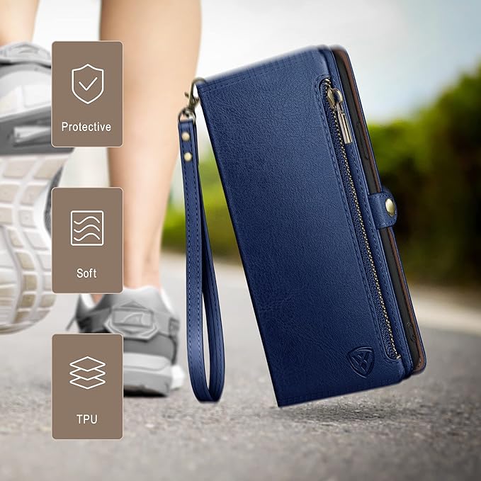 XcaseBar Compatible with Samsung Galaxy S25 Wallet case with Zipper Credit Card Holder【RFID Blocking】,Flip Folio Book PU Leather Phone case Shockproof Cover Men Women for Samsung S25 case Blue