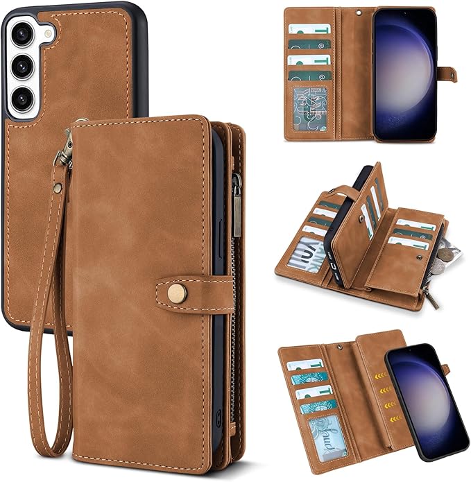 TwoHead for Samsung Galaxy S23 Wallet Case with Card Holder & Detachable Magnetic Phone Case for Galaxy S23,PU Leather Shockproof Protective Phone Cover Wallet with Wrist Strap(6.1 in,Brown)
