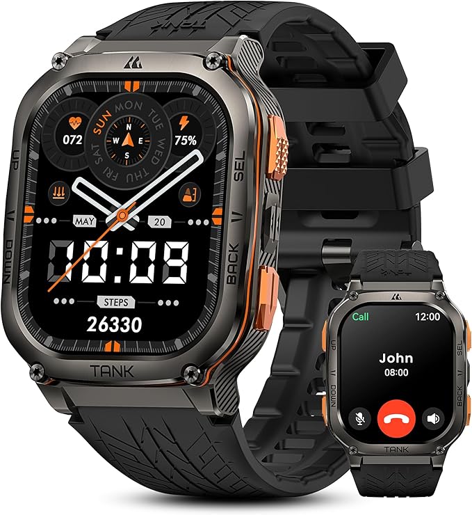 KOSPET Tank M3 Ultra Smart Watch with GPS, 50M Waterproof, Compass, Altitude, Air Pressure, 480mAh Extra Large Battery, Full Stainless Steel, Bluetooth Call, 1.96'' AMOLED Always-on Display, AI Voice