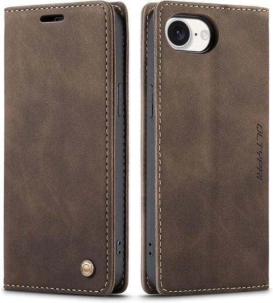 QLTYPRI Case for iPhone 16e, Vintage PU Leather Wallet Case Card Slot Kickstand Magnetic Closure Shockproof Flip Folio Cover for iPhone 16e - Coffee Brown