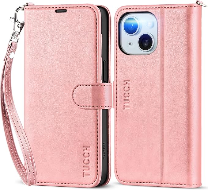 TUCCH Wallet Case for iPhone 15 6.1" 5G, [Wrist Strap] Kickstand RFID Blocking 4 Card Slots Magnetic Closure, PU Leather Shockproof TPU Shell Compatible with iPhone 15 2023, Pink with Wristlet