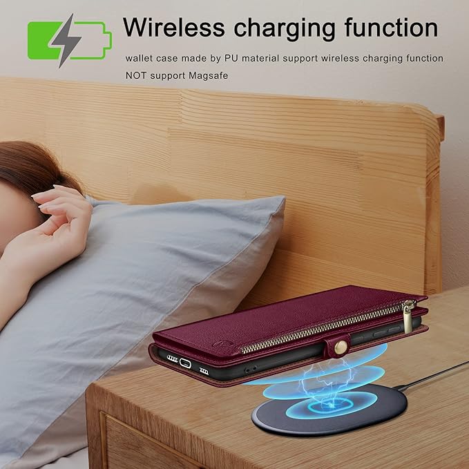 XcaseBar Compatible with iPhone 17 6.3" Wallet case with Zipper Credit Card Holder【RFID Blocking】,Flip Folio Book PU Leather Phone case Shockproof Cover Women Men for Apple 17 case Wine Red