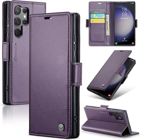 Case for Samsung Galaxy S23 Ultra Wallet Case, RFID Blocking PU Leather Flip Folio Cover Card Holder Kickstand Shockproof Phone Case Compatible with Samsung Galaxy S23 Ultra, Purple