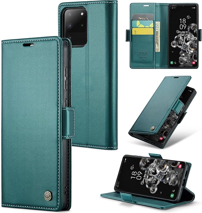 Case for Samsung Galaxy S20 Ultra Wallet Case, RFID Blocking PU Leather Flip Folio Cover Card Holder Kickstand Shockproof Phone Case Compatible with Samsung Galaxy S20 Ultra, Blue Green