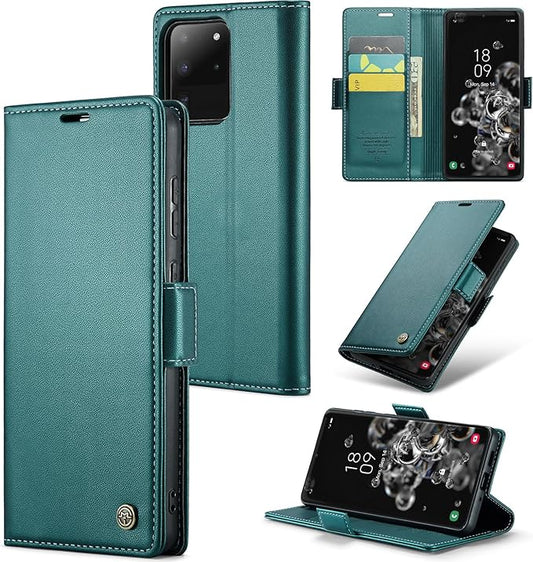 Case for Samsung Galaxy S20 Ultra Wallet Case, RFID Blocking PU Leather Flip Folio Cover Card Holder Kickstand Shockproof Phone Case Compatible with Samsung Galaxy S20 Ultra, Blue Green