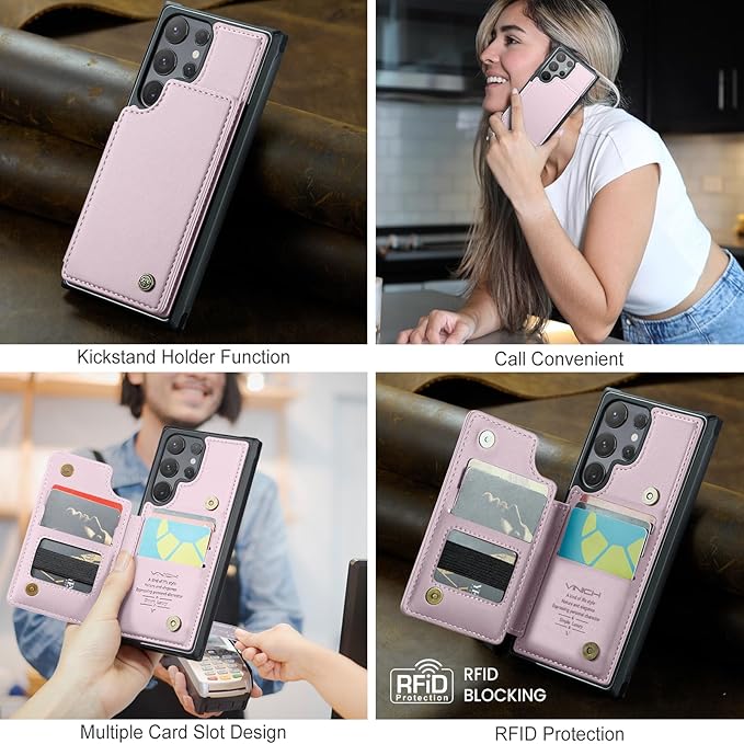 Vinich for Samsung Galaxy S24 Ultra Wallet Case with Card Holder, RFID Blocking Credit Slots Kickstand Shockproof Phone Cover for Women Men, Pink