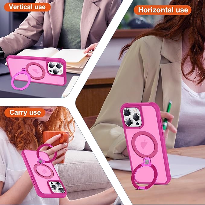 Compatible with iPhone 15 Pro Case with Invisible Magnetic 360°Spin Stand,Military-Grade Shockproof Protection [Compatible with Mag-Safe] Non-Slip Edge Translucent Case (6.1",Hot Pink)