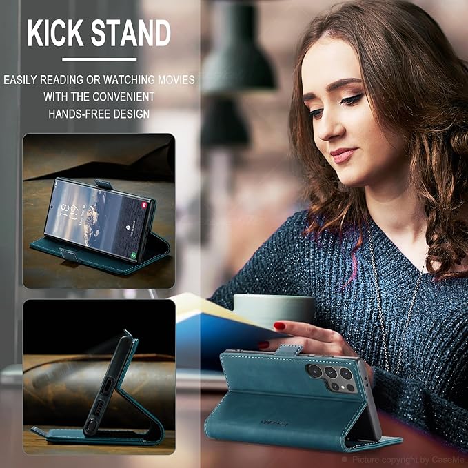 for Samsung Galaxy S24 Ultra Case, Flip Wallet Leather Case with Card Holder Magnetic Closure Shockproof Kickstand Protective Phone Cases Cover for Galaxy S24 Ultra 5G Cover,Blue-Green