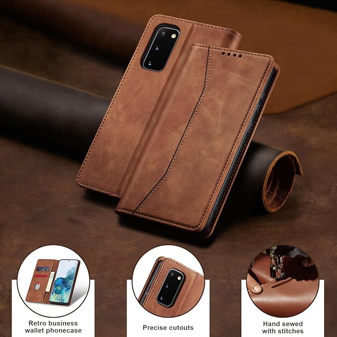 Jasonyu Flip Wallet Case for Samsung Galaxy S20 5G [5.97 x 2.72in],Leather Magnetic Folio Cover with Card Holder,Kickstand - TPU Shockproof Durable Protective Phone Case,Brown