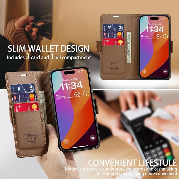 japezop iPhone 15 Plus 5G Wallet Case with [RFID Blocking],Card Holder Kickstand Magnetic,Leather Flip Case Wallet for iPhone 15 Plus 5G 6.7 Inch (Fashion Brown)