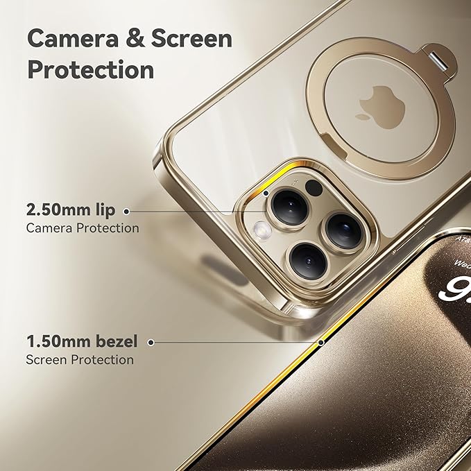 CASEKOO Titanium 360° Rotatable Magnetic Stand for iPhone 15 Pro Case [Compatible with Magsafe][16FT Military Protection] Slim 15 Pro with Kickstand Ring Phone Cover 6.1'', Antique Gold