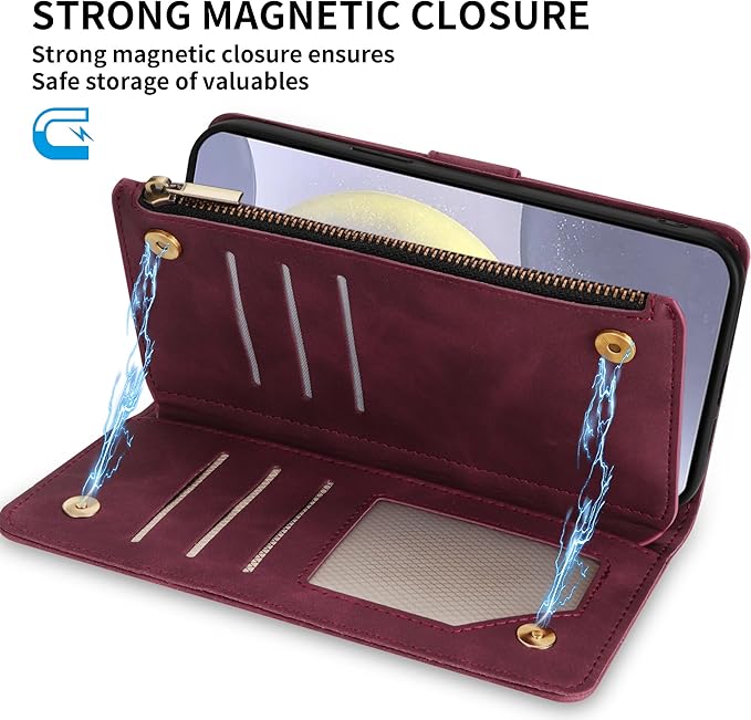 ZZXX for Samsung Galaxy S24 Plus Wallet Case with RFID Blocking Card Slot PU Leather Zipper Flip Folio with Strap Kickstand Protective Cover for Samsung Galaxy S24+ Case Wallet(Wine Red-6.7 inch)