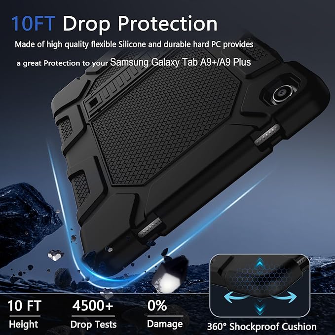 Rantice Case for Samsung Galaxy Tab A9+/A9 Plus 11", Heavy Duty Shockproof Rugged Protective Case with Kickstand for Galaxy Tab A9+/A9 Plus 11 Inch (SM-X210/X216/X218), Black