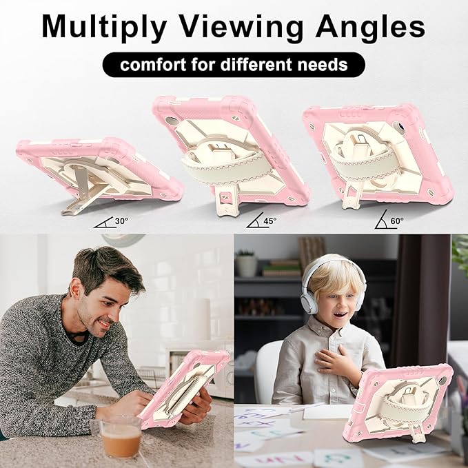 for Samsung Galaxy Tab A9 Case 8.7 inch (SM-X110/X115/X117), Heavy Duty Shockproof Silicone Cover Rugged 360 Stand Hand Shoulder Strap for Galaxy A9 Tablet Rose Red+Cream Stone