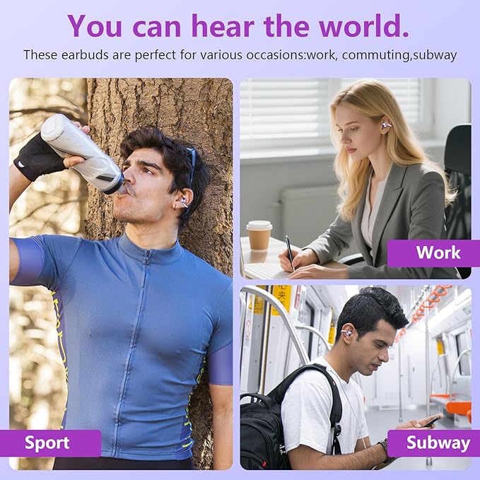 Clip on Headphones,Open Bluetooth 5.4 Earbuds with LED Digital Display Built-in Mic IPX7 Waterproof 50H Playback Sports Bone Conduction Earphones Suitable for Small Ears and Eyeglass Wearers (Purple)