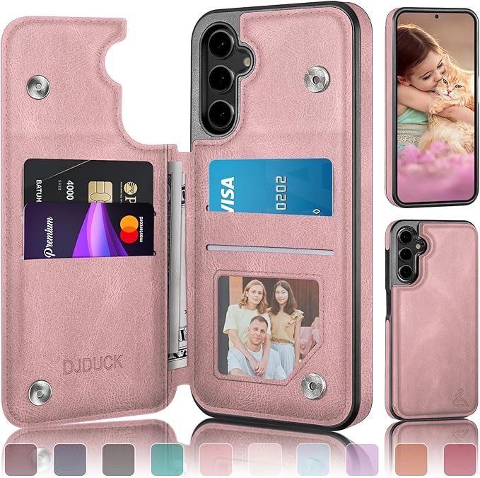 DJDUCK Designed for Samsung Galaxy S25 Case Wallet with Card Holder, [Magnetic Clasp Cover] [RFID Blocking Leather Protection] Shockproof Women Men Cases for Samsung S25 Pink