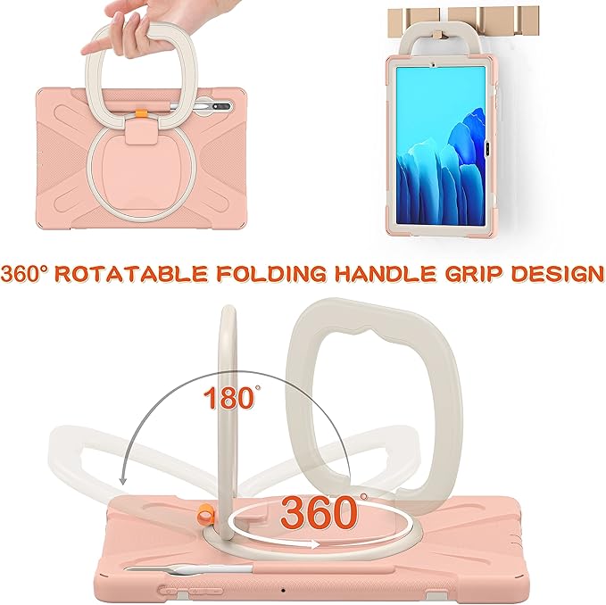 360 Rotation Portable Case for Galaxy Tab S8+/S7 FE/S7+ 12.4 Inch with S Pen Holder Rugged Rotating Stand Hand Strap Shoulder Carrying Outdoor Cover (Pink)