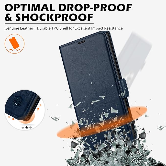 SHIELDON Case for Galaxy S25 Ultra 6.9", Genuine Leather Flip Wallet Case Kickstand RFID Blocking Credit Card Holder Magnetic Shockproof Cover Compatible with Galaxy S25 Ultra 2025 - Nappa Navy Blue